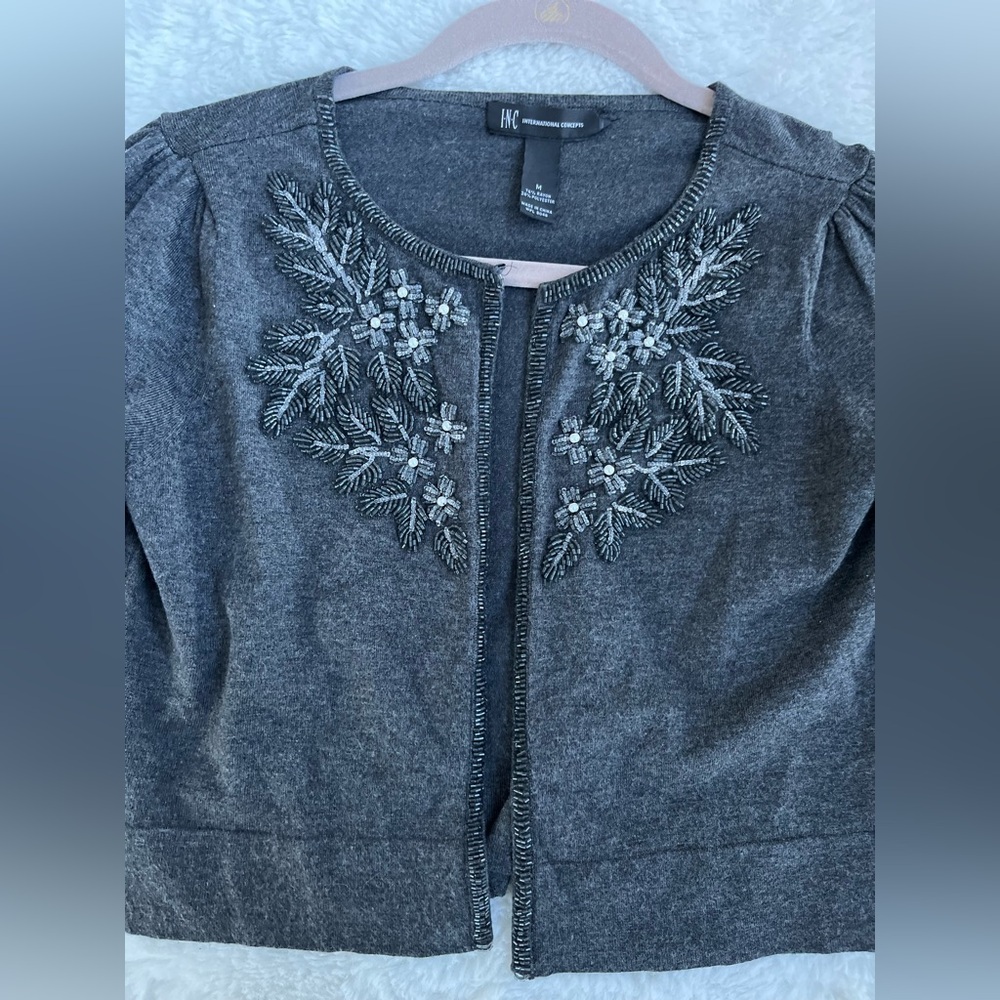 INC International Concepts Charcoal Gray Beaded Cropped Cardigan Sweater